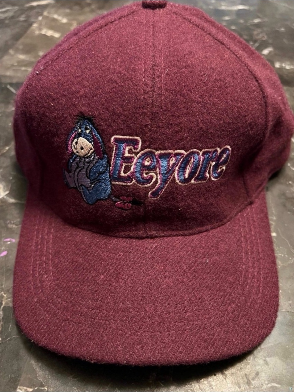 Vintage 90s Disney Winnie the Pooh Eeyore Wool Burgundy Strapback Hat Adults